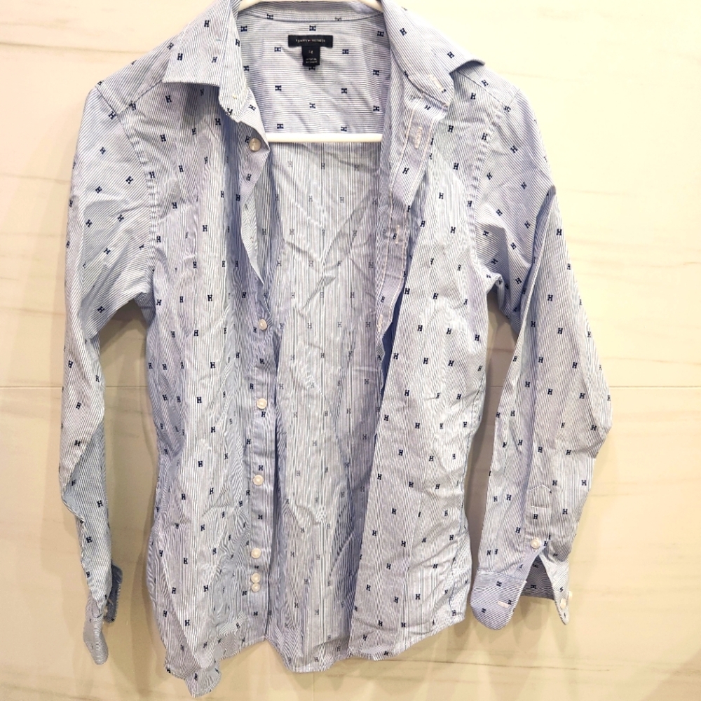 Boys Traditional Light Blue Striped Shirt W Tommy Logo